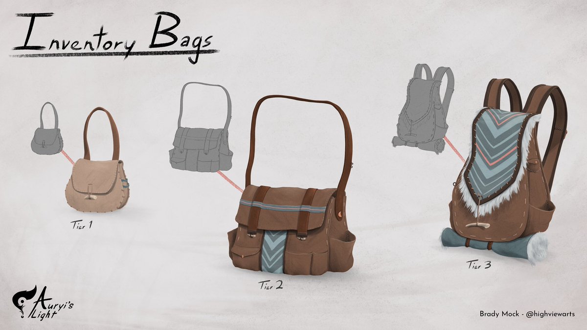 highviewarts's tweet photo. Did some prop design, too! Made 3 tiers of bags, with each tier increasing the player’s inventory space

#conceptart #propdesign #propconcept https://t.co/wFXX04axru