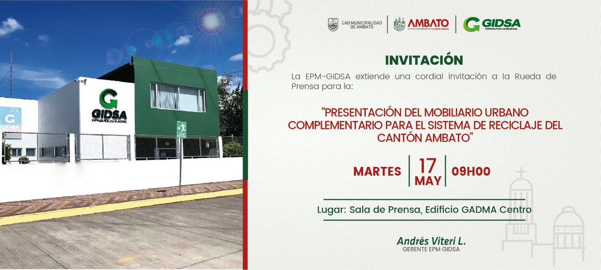 🟢RUEDA DE PRENSA🟢

✍🏻🎤📷📹Se realiza una cordial invitación a la Rueda de Prensa para la “Presentación del Mobiliario Urbano Complementario para el Sistema de Reciclaje del Cantón Ambato” ♻️

#reciclaje #juntosconstruimoslagranciudad  #porunambatolimpio