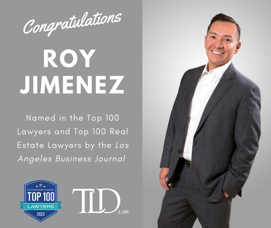 Roy Jimenez has been included in the <a href="/LABJnews/">Los Angeles Business Journal</a>’s list of “Top 100 Lawyers” and “Top 100 Real Estate Lawyers.” One of CA’s most respected business publications, the LABJ selects outstanding lawyers who continue to make a difference.
Learn more at: bit.ly/39qkkrA