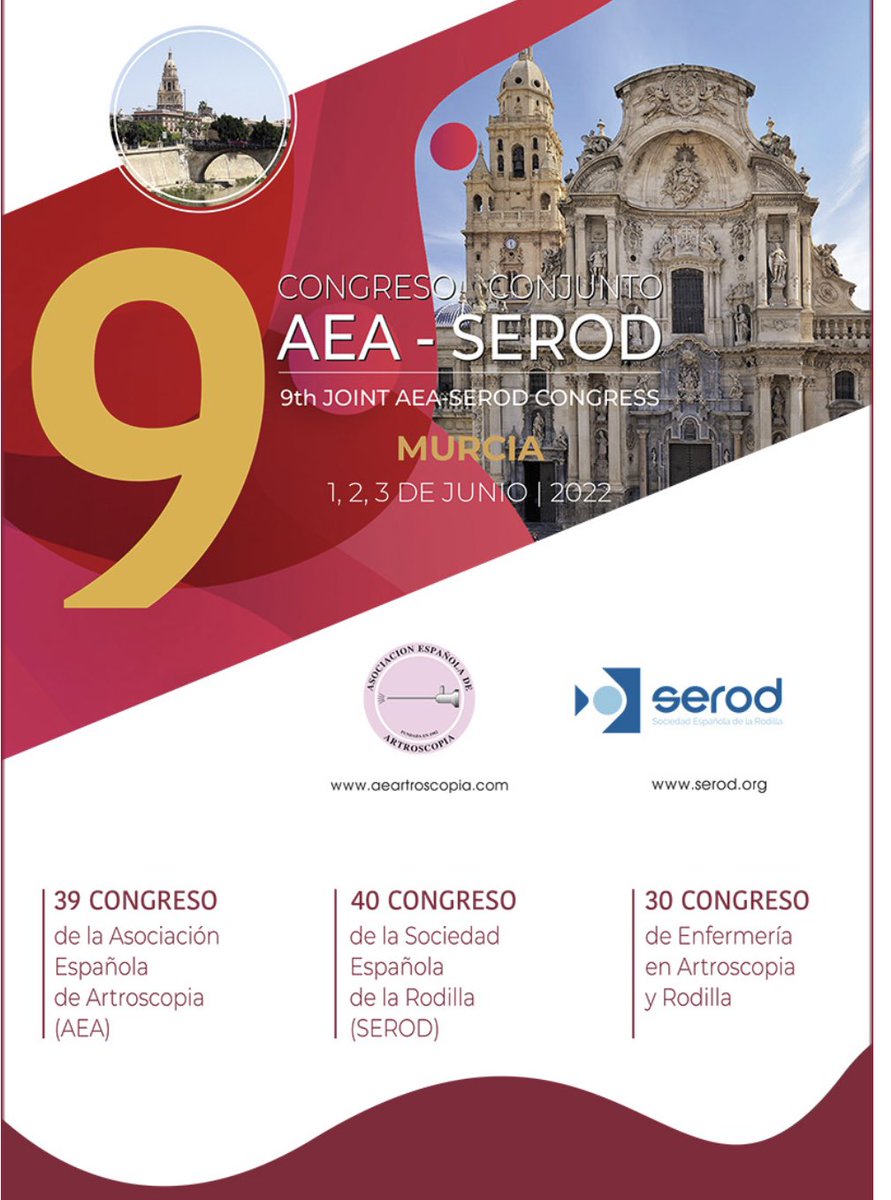 🟣CONGRESO AEA-SEROD 2022🟣

▪️Murcia 1-3 Junio 2022

▪️SEDE: Auditorio y Centro de Congresos Víctor Villegas Avda. Primero de Mayo, s/n 30003 Murcia

🟢PÁGINAS WEB: congresoaeaserod.com aeartroscopia.com serod.org
congresoaeaserod.com/aea-serod2022