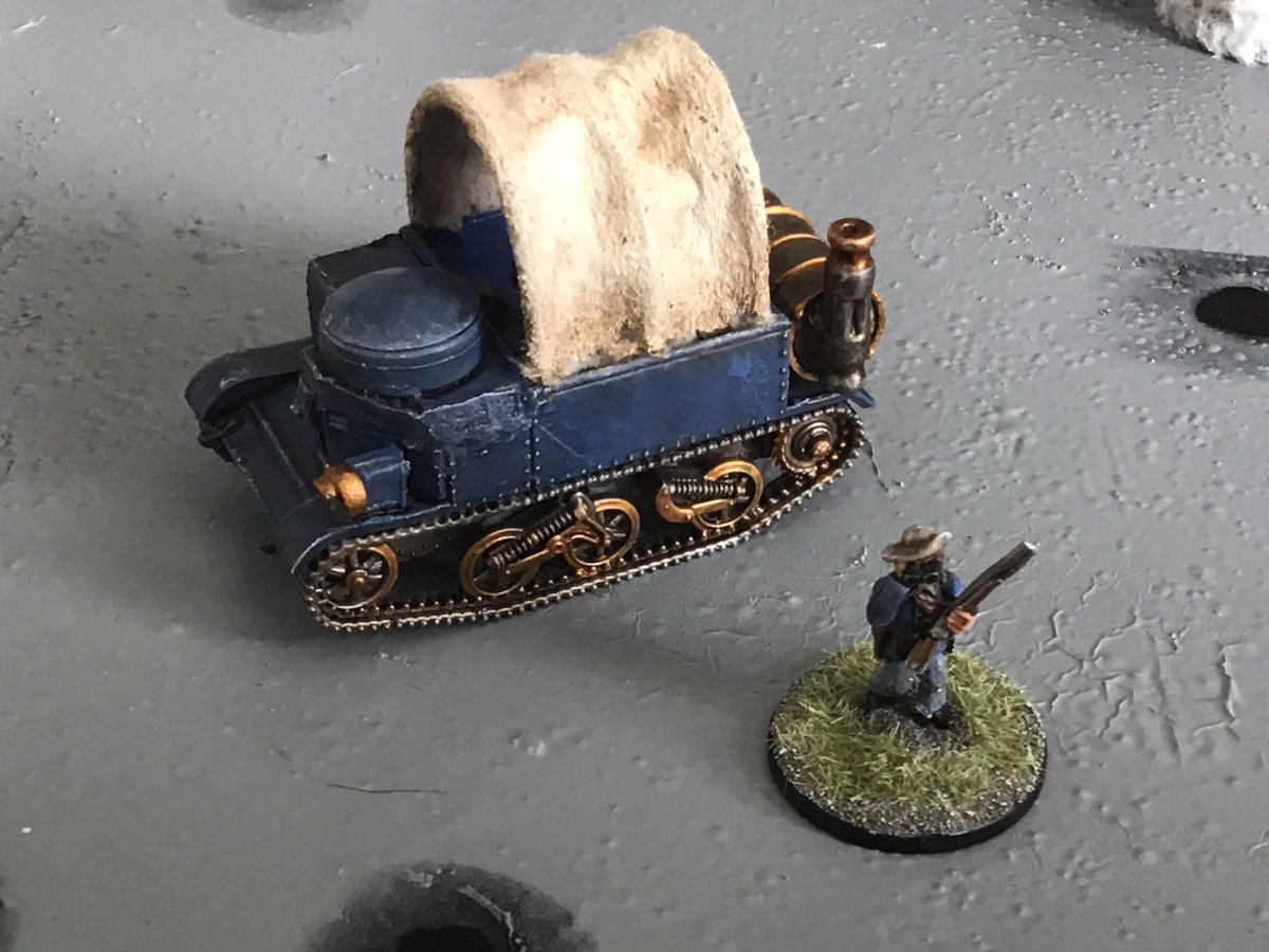 thewildbundy's tweet photo. #AbandonedProjects. I started 1/72 Fallout Skirmish set in Texas. Factions included Blacksmoke Rangers (using tracked vehicles), Calvin ‘Caligula’ renegade Legionnaires and Vaul-Tec Indians. My VSF steam wagon actually started life in that project. What project did you abandon? https://t.co/meNUUvpYoN