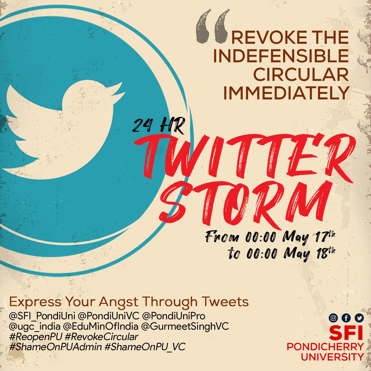 SFI_PondiUni's tweet photo. Tweet your angst!! Tweet your anger against the PU administration extending the reopening phase 4 without any reason.
@SFI_PondiUni @sfipuducherry
@SFI_CEC
#ReopenPU #RevokeCircular #ShameOnPUadmin
#ShameOnPU_VC https://t.co/JH6Kp1EAPE