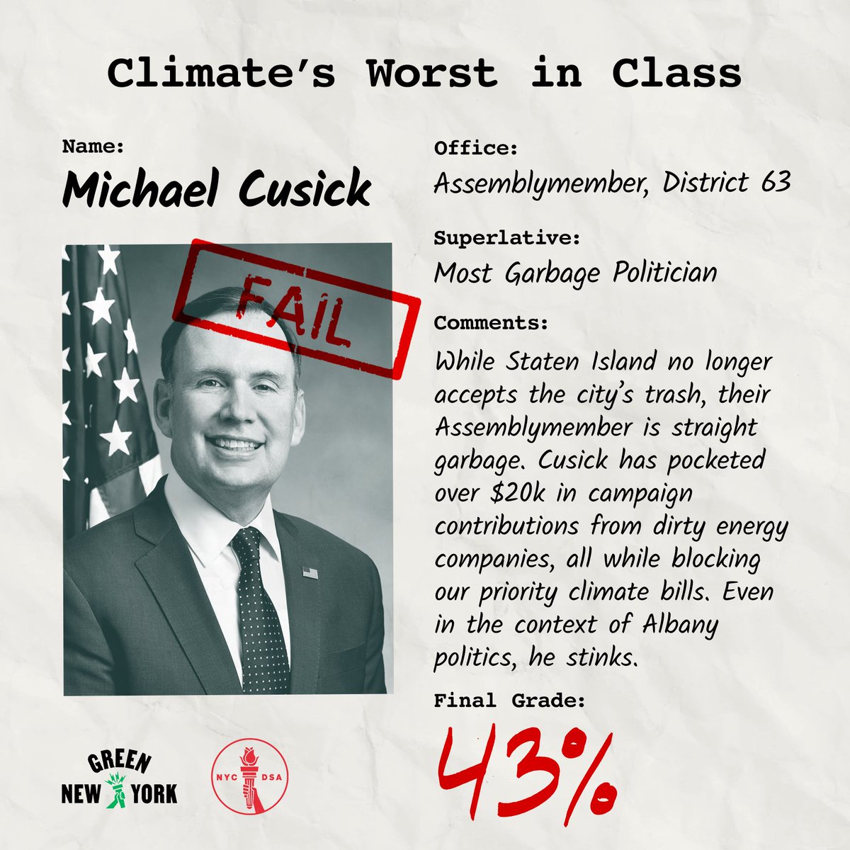 NYCDSA_Ecosoc's tweet photo. @Michael_Cusick @kevinparkernyc @IPPNYORG No wonder these two are among the Worst In Class of our #ClimateReportCard. 

We need climate champions in office, not climate deniers. That's why we're running a slate of ecosocialists for office. The first election starts June 28th - join us ➡️ https://t.co/L9zWH6D8MR https://t.co/5XBTKJ6zM5