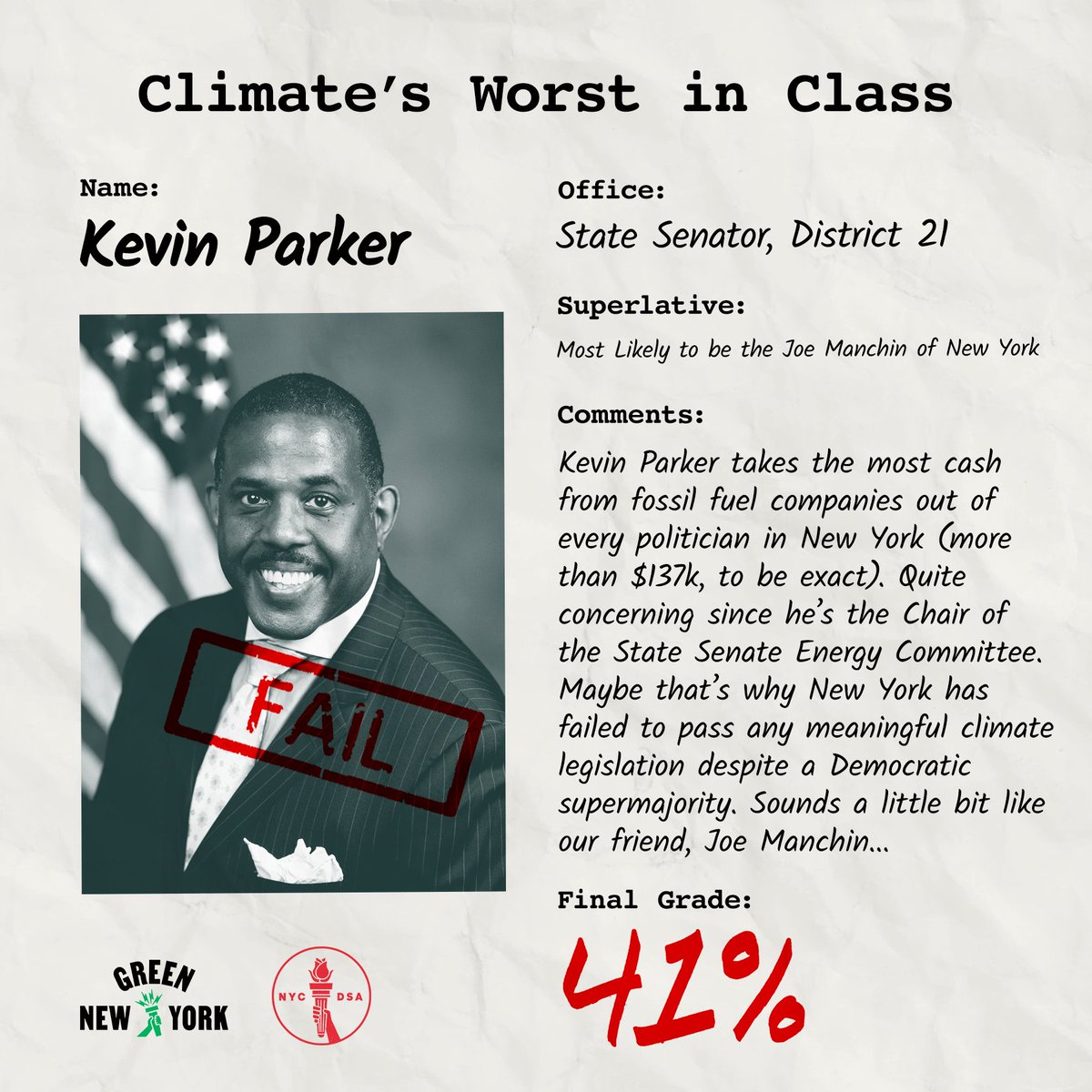 NYCDSA_Ecosoc's tweet photo. @Michael_Cusick @kevinparkernyc @IPPNYORG No wonder these two are among the Worst In Class of our #ClimateReportCard. 

We need climate champions in office, not climate deniers. That's why we're running a slate of ecosocialists for office. The first election starts June 28th - join us ➡️ https://t.co/L9zWH6D8MR https://t.co/5XBTKJ6zM5