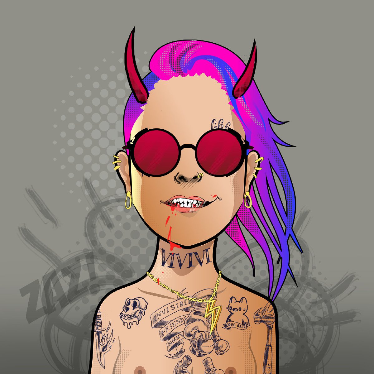 Introducing: "Striped Iced Issa" a <a href="/normies_nft/">meet the normies</a> with #MAYC , #CoolCats and <a href="/InvsbleFriends/">Invisible Friends</a> honorary tattoos, + SteamPunk glasses 🚂 and Devil 👺horns. , #NFTCommunity , #tattoos   more info: thenormies.io