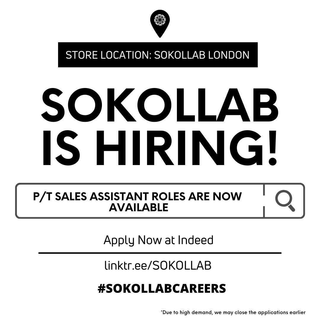 💡 SOKOLLAB #JobAlert 

SOKOLLAB LONDON is seeking part time sales assistants for our Flagship Store.

If you have a genuine interest in Korean Culture and want to work in a dynamic and exciting startup, this is the ideal role for you!

🔗 linktr.ee/SOKOLLAB