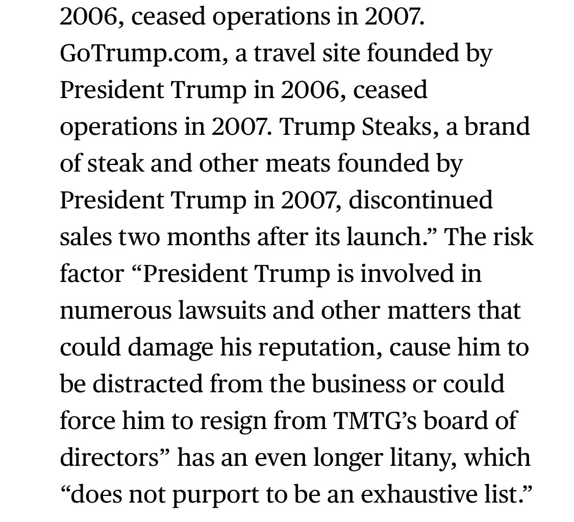 TimOBrien's tweet photo. The lawyers registering Trump’s Truth Social SPAC with the SEC had to go out of their way to detail Trump’s history as a serial bankruptcy artist. Because when you’re that bad at business you are a *risk* to investors. Hilarious reading: https://t.co/QiZgiZ7mrh https://t.co/GCEqFoMvyc