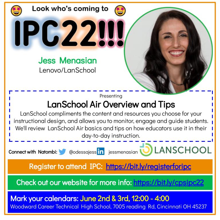 QueenMel99's tweet photo. So many great partners coming to #CPSIPC! Come grow your knowledge in @LanSchool
with @odessajess! 
* Registration is now open! https://t.co/VMH1Dou2Gb
* More info at https://t.co/gZGhWABgK9
@IamCPS https://t.co/PgQjW87E0y