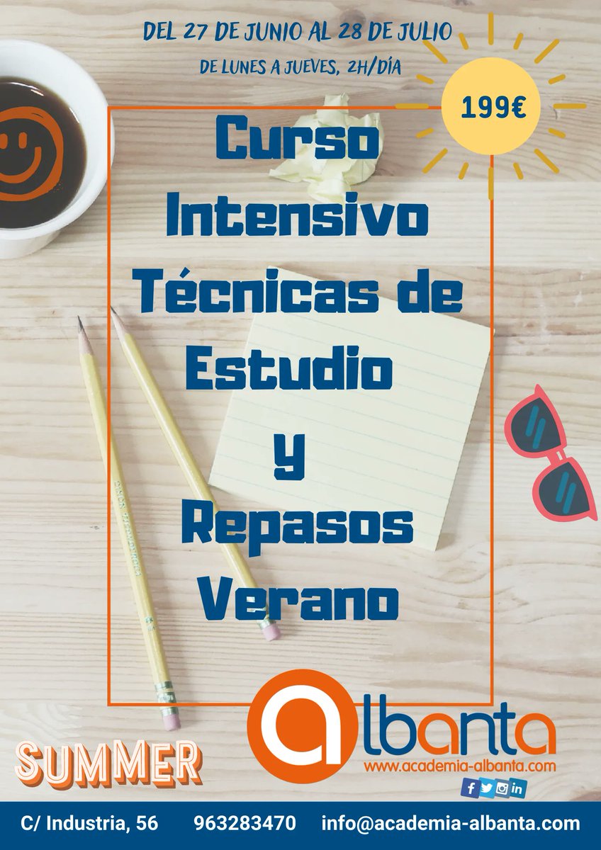 AcademiaAlbanta's tweet photo. ¡Nuevo curso para el verano en Albanta!☀️ 
😊 No te quedes en casa y vente con nosotros.
 📝 Desde el 27 de junio hasta el 28 de julio abrimos CURSO INTENSIVO TÉCNICAS DE ESTUDIO Y REPASOS para alumn@s de primaria, secundaria y bachillerato.
 🕙 2h/día de lunes a jueves. https://t.co/XP52TKdhqX