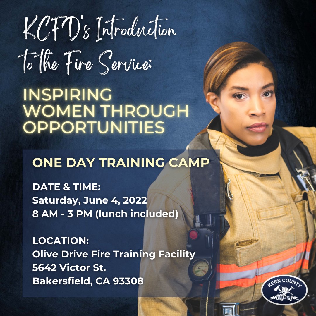 kerncountyfire's tweet image. SAVE THE DATE! 
June 4, 2022. We are hosting our first ever "Inspiring Women Through Opportunities: A One Day Training Camp." See details below!

#kerncountyfiredepartment
#inspiringwomen
#firefighter
#FRAP