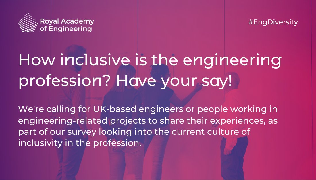 AFBE_UK's tweet photo. Passionate about D&amp;I in engineering? @RAEngNews are looking for people to share their experiences, to help build on their research into the current culture of inclusivity in engineering. Have something to say? Register your interest here: https://t.co/BuBWKVdqfB 

#EngDiversity https://t.co/fs3Qrwuvnf