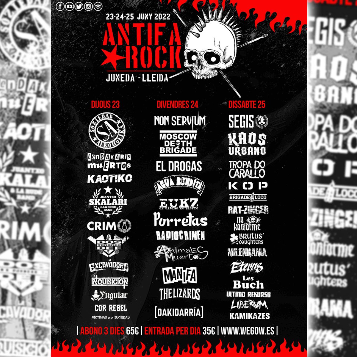 AntifaRockJunda's tweet photo. CARTEL POR DIAS

A falta de un mes y una semanita, os presentamos el cartel por días!! No os encantéis, guardaros las fechas y comprad vuestras entradas aquí:

https://t.co/9nDvFUTeMl

Mientras tanto, regalamos un abono completo. Visita nuestro Instagram y participa en el sorteo! https://t.co/1If5RkObNm