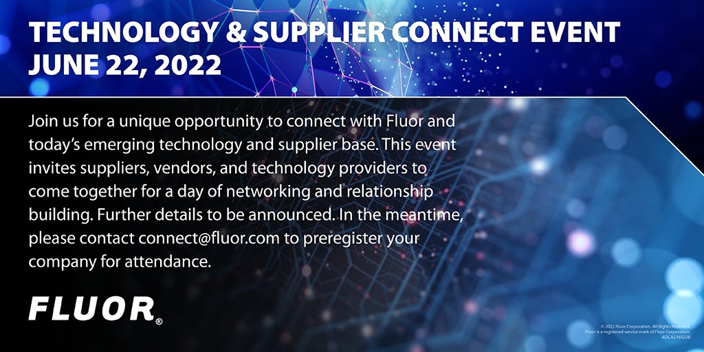 At Fluor, we continually seek opportunities to expand our business and service offerings, and that includes exploring work with new suppliers, vendors, and technology providers. Join us at our Calgary-based Connect event on June 22 from noon to 4 p.m. #FluorBuildsABetterWorld