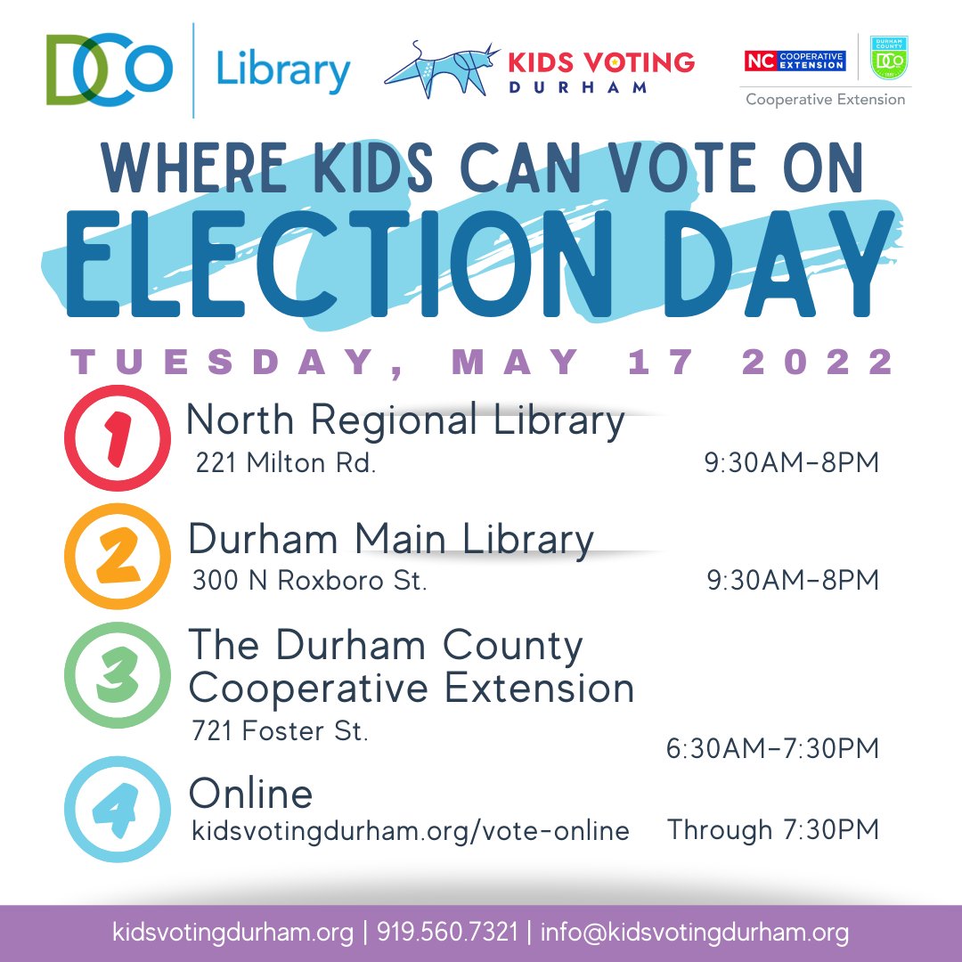 KidsVotingDurha's tweet photo. Tomorrow is Election Day (and a DPS teacher workday!), and kids can vote too! ! Voting sites available at @DurhamCountyLib Main & North Regional branches, @DurhamExtension , and online Kids Voting Durham 's website #kidsvotetoo #durhamvotes #dcovotes https://t.co/6aCP9oi7eM