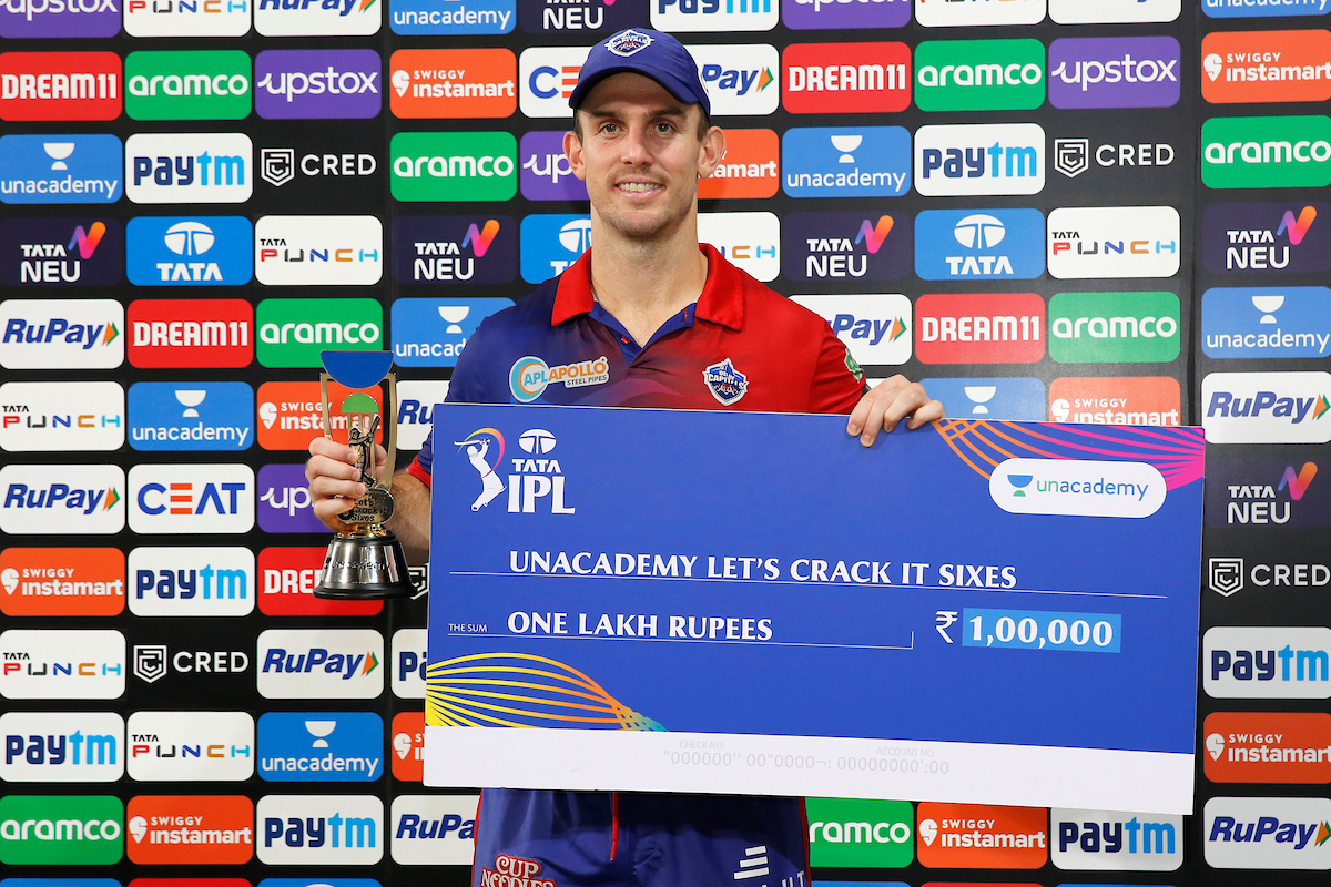 IPL's tweet image. Unacademy Let&apos;s Crack It Sixes of the Match between Punjab Kings and Delhi Capitals is Mitchell Marsh.

#TATAIPL @unacademy #LetsCrackIt #PBKSvDC