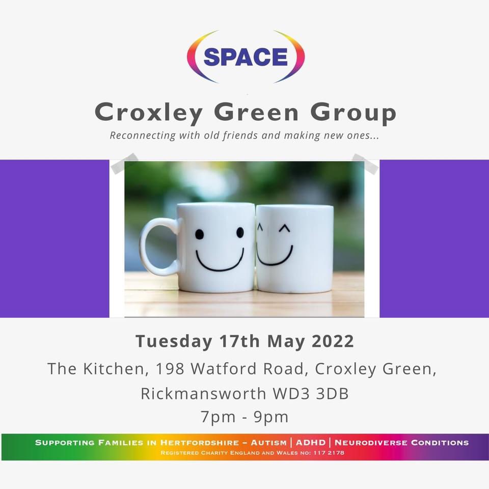 🌟 IN PERSON GROUP 🌟

📣 A chance to connect with other parent/carers 📣

Croxley Green Group
Tues 17th May 2022
7pm - 9pm
eventbrite.co.uk/e/croxley-gree…

Limited Places Available

#SPACEhertsactivities
#SPACEhertstogether