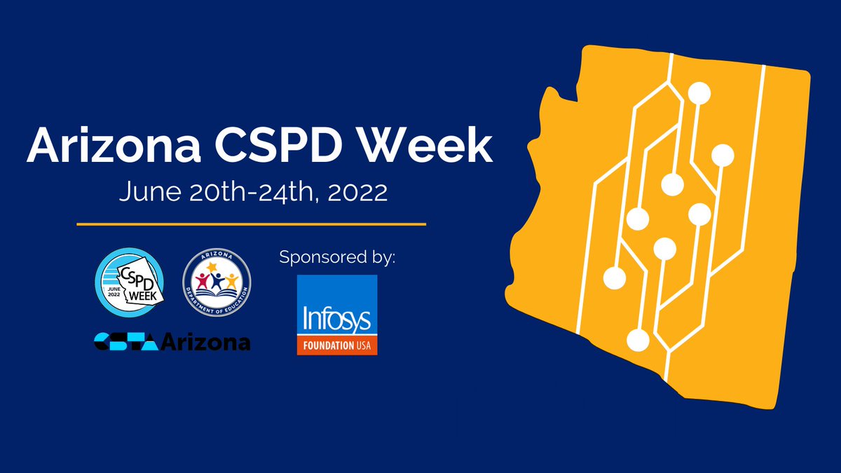 azedschools's tweet photo. Have you registered for Arizona #CSPDWeek? Arizona K-12 teachers are encouraged to join us for this free computer science professional development opportunity from June 20th-24th, 2022. Learn more and sign up today: https://t.co/tp49d4RBpW. https://t.co/baZ1H9MKUI