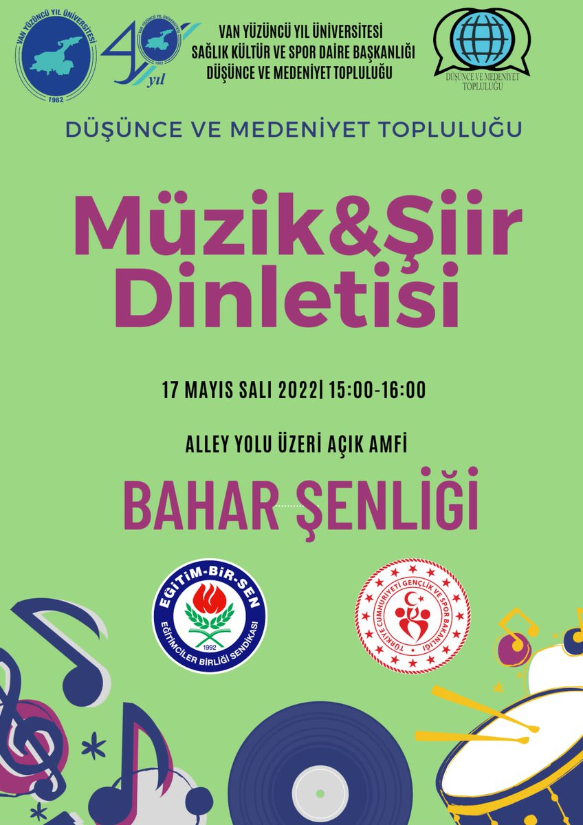 dusmedtop1's tweet photo. Düşünce ve Medeniyet Topluluğu olarak hazırlamış olduğumuz Müzik ve Şiir Dinletisi programımıza tüm öğrenci arkadaşlarımız davetlidir.
👉🏻Yer:Yüzüncü Yıl Üniversitesi Alley Yolu Açık Amfi
👉🏻Tarih:17 Mayıs Salı 2022
👉🏻Saat 15:00🕔
@YyuSks
@ebsvan2
#van #yyü #baharsenliği https://t.co/LNdrm4Pmev