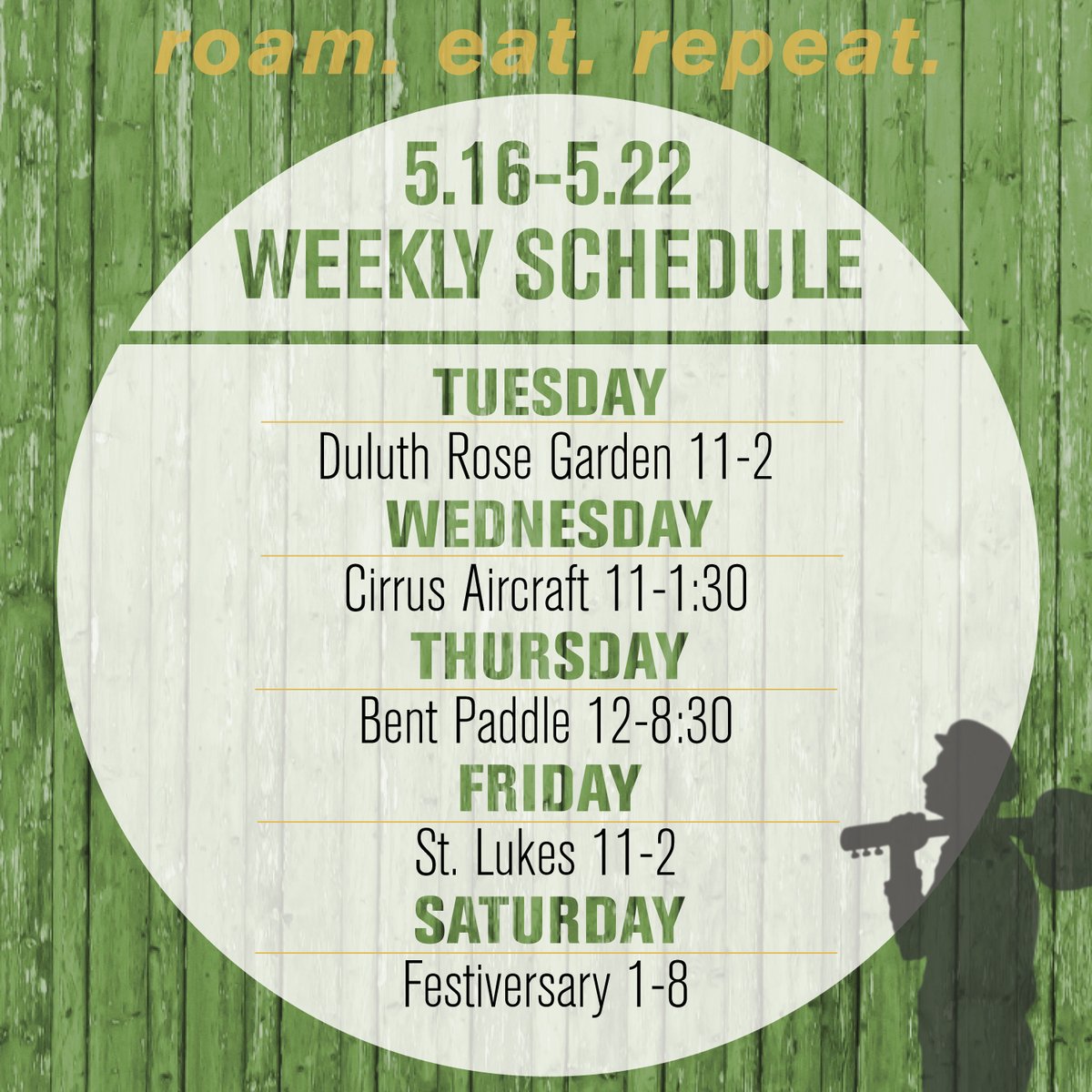 Happy Monday!
Here's what our week is going to look like. 
.
We're so excited to get back to the return of Bent Paddle Brewing Co.'s Festiversary! 
Snag your tickets online or at the taproom and be sure to check out their event page for a full lineup.