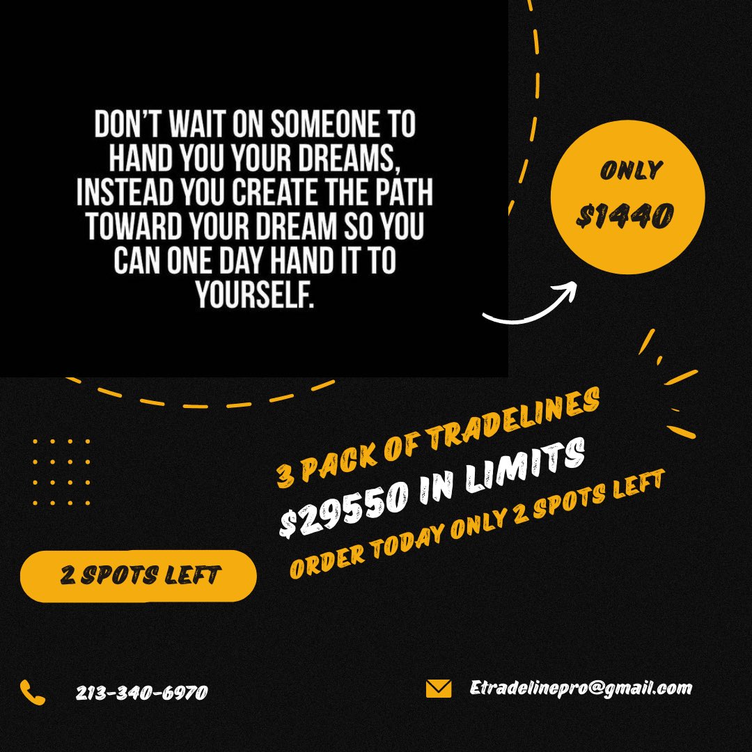 etradelinepro's tweet photo. We have a 3 pack of #tradelines for sale reports 22nd of the month 29k in total limits 3.6 yrs old only 2 spots left coast $1440 contact us today #etradelinepro https://t.co/XKTiG2HfY0