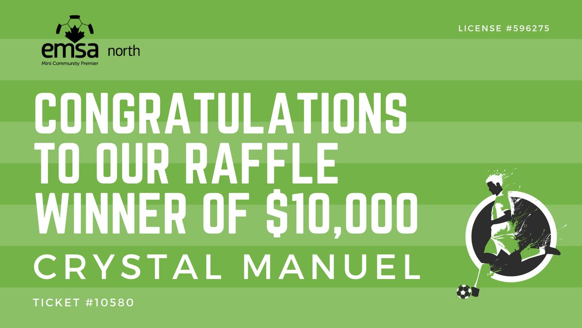 Congratulations to our Outdoor Soccer 50/50 raffle winner of $10,00 - Crystal Manuel (ticket #10580)!

Also a big thank you to everyone who purchased tickets to support the development of youth soccer in North Edmonton! We raised $10,000 due to all your support!