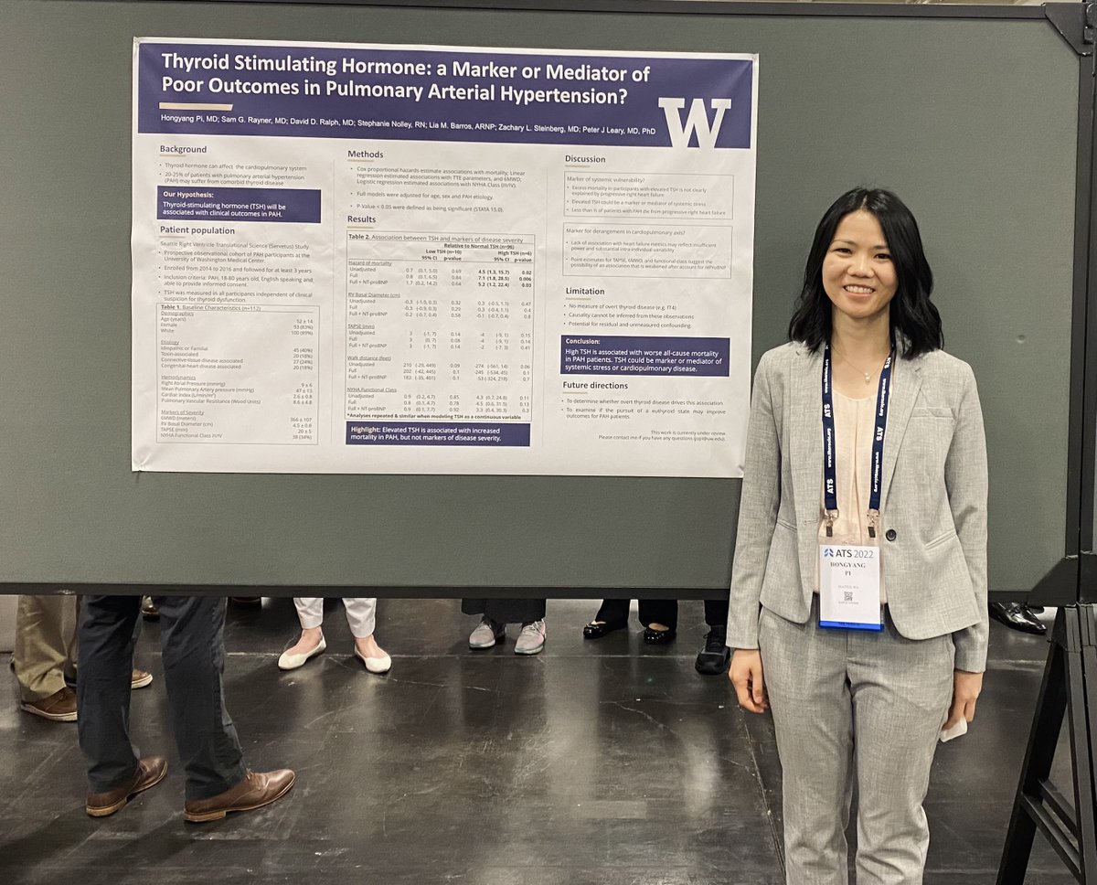 basakcoruhUW's tweet photo. Dr. @hongyang_pi of @uwpccm presenting her work demonstrating an association between elevated TSH and increased mortality in #PAH.

#ATS2022 @UWDeptMedicine #proudPD https://t.co/m3bgr1RbuL