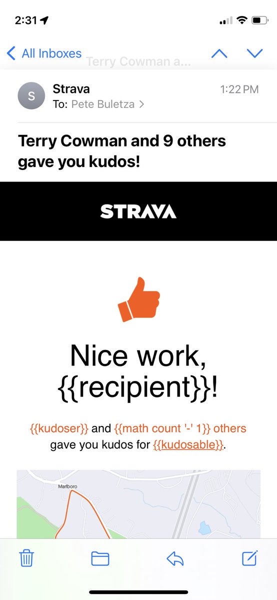 buletza's tweet photo. @Strava it looks like your template engine is broken. I ride bikes and we do #devops and #testautomation at my company @elyxor if you want some help. #kudoser https://t.co/1OayzS6VfM