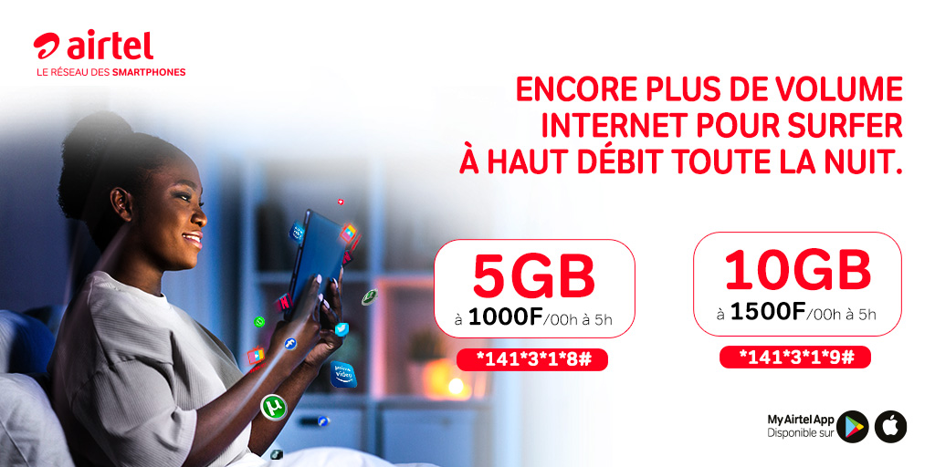 airtelniger's tweet photo. Naviguez non stop de 00h00 à 05h00 grâce aux forfaits nuit.
✅Profitez de la puissance de la meilleure 4G en
Composant *141*3*1*8# pour 5Gb
Composant *141*3*1*9# pour 10 Gb
#Airtelniger #soyonsprudents #forfaitsnuit https://t.co/NtbG03SALd