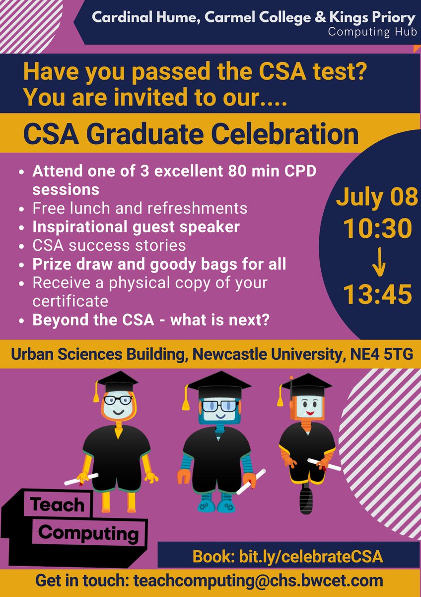 CompSciRoberts's tweet photo. Have you passed your Computer Science Accelerator test? If you have, or are able to do so in time, there is a special event for you in the North East. Newcastle, 8th July 2022. #SummerOfComputing #CSA #NCCE https://t.co/qm0W4R1LY4
