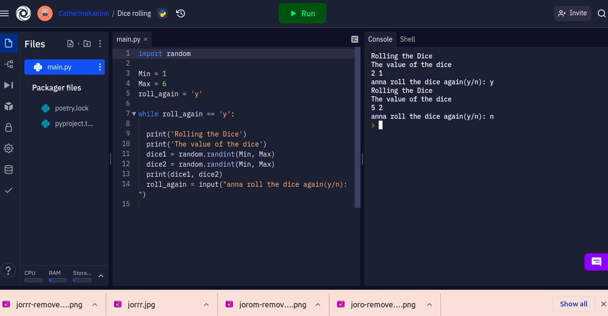 CKaninni's tweet photo. #Day10of100daysofcode
#codeHive2022 
I made a dice rolling game using Python. https://t.co/buXvHFB0OP