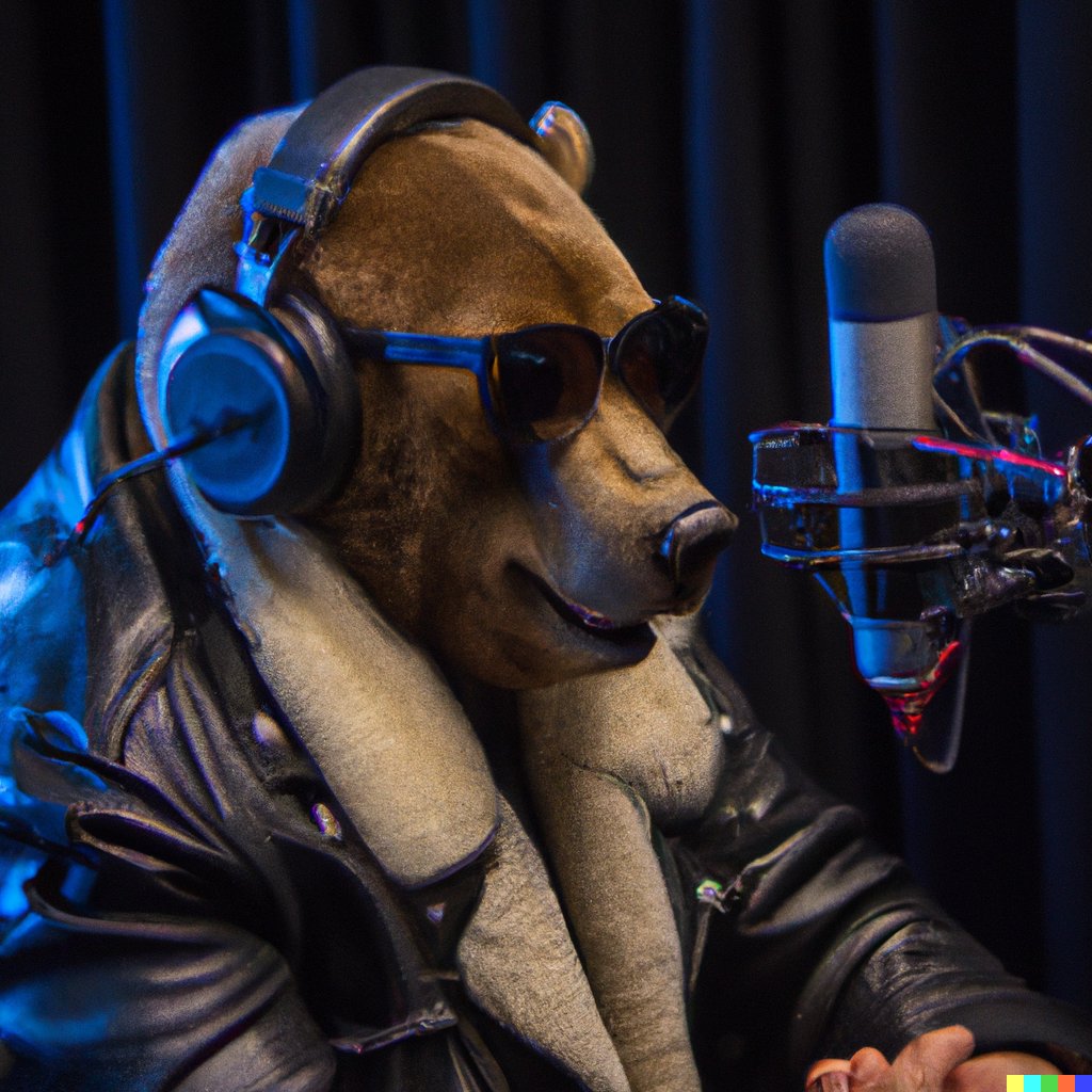 bakztfuture's tweet image. &quot;Photo of an oversized grizzly bear wearing sunglasses and a leather jacket being interviewed on the Joe Rogan podcast experience&quot; #dalle #dalle2
