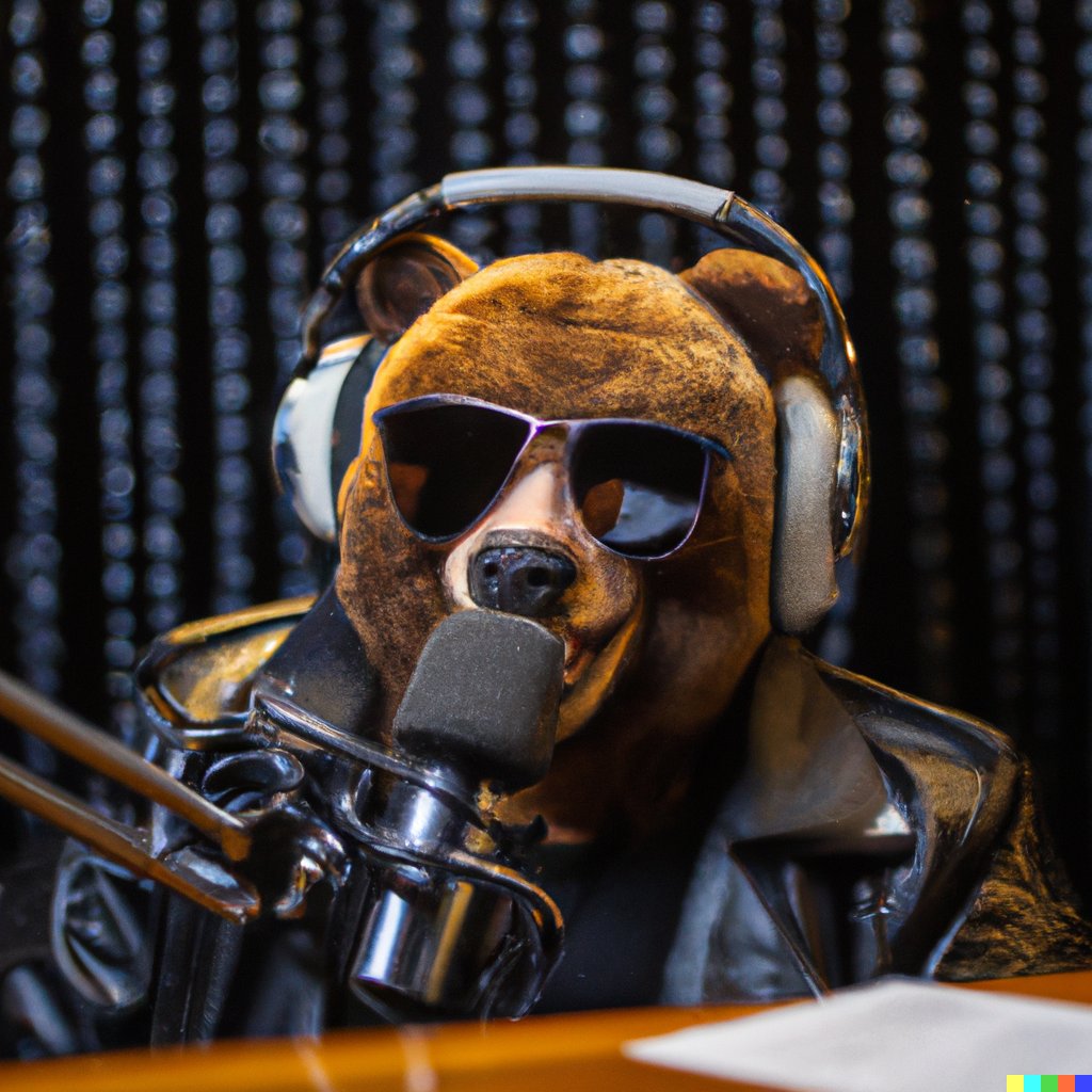bakztfuture's tweet image. &quot;Photo of an oversized grizzly bear wearing sunglasses and a leather jacket being interviewed on the Joe Rogan podcast experience&quot; #dalle #dalle2