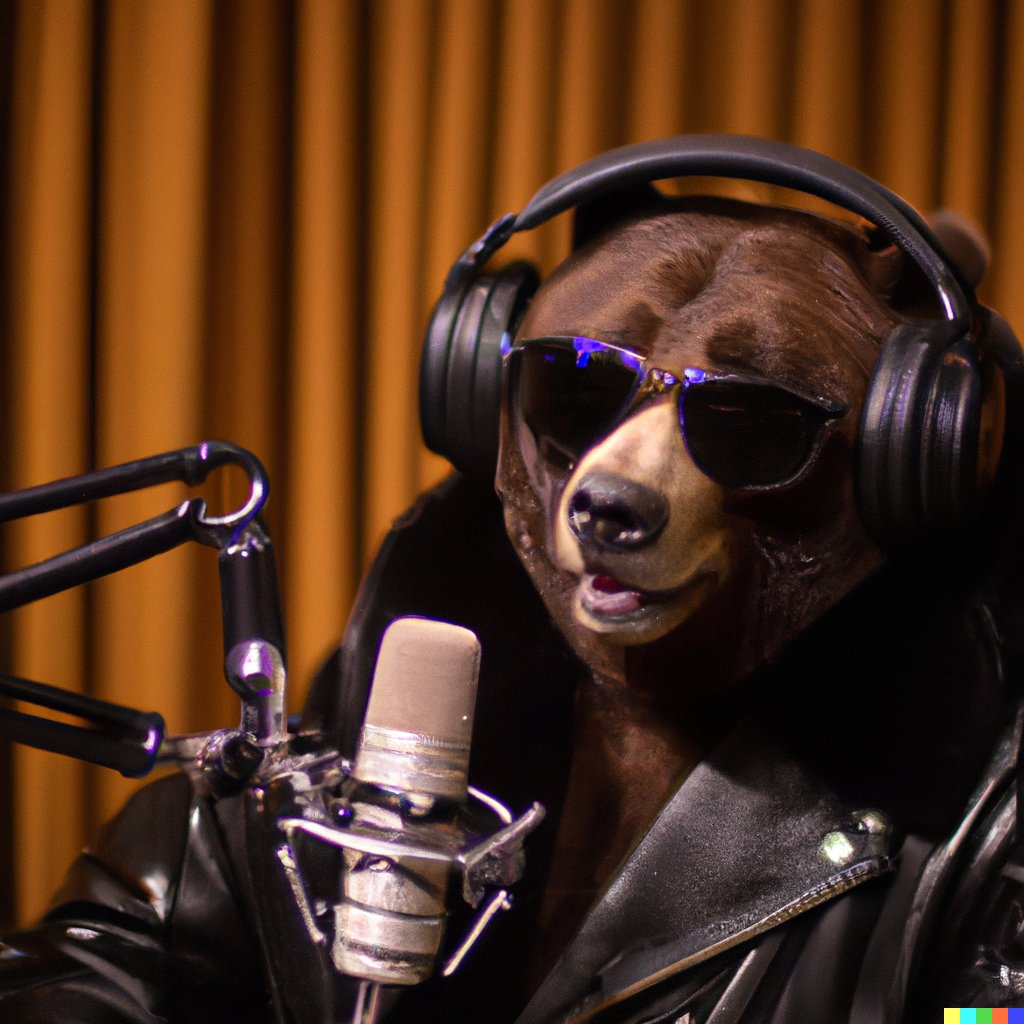 bakztfuture's tweet image. &quot;Photo of an oversized grizzly bear wearing sunglasses and a leather jacket being interviewed on the Joe Rogan podcast experience&quot; #dalle #dalle2