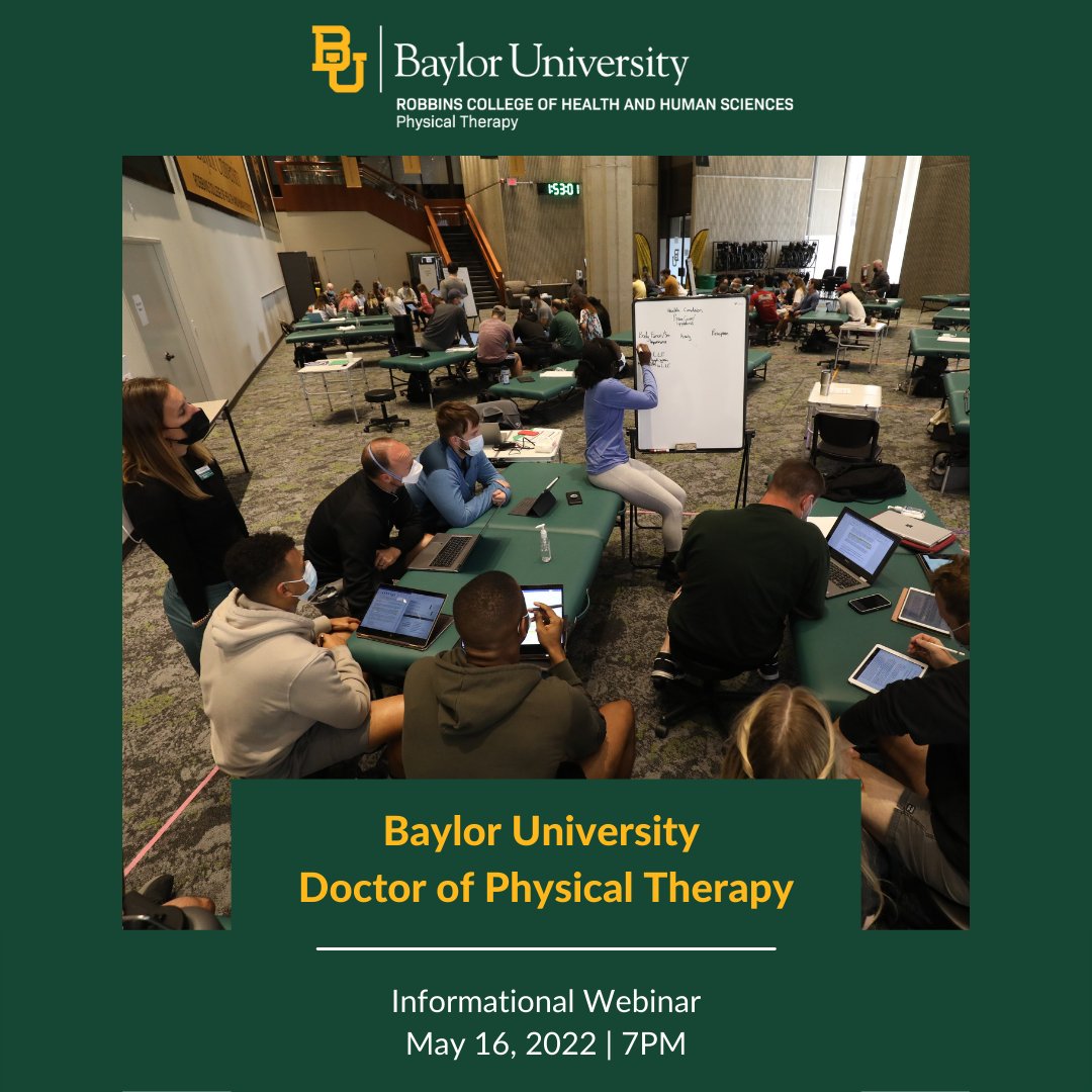 BaylorDPT's tweet image. Join Dr. Kyle Adams, TONIGHT at 7 pm CST for our Informational Webinar. The webinar provides information about the admissions process and what it takes to get your #DPTin2! Registration information can be located here: buff.ly/3LkVR4u