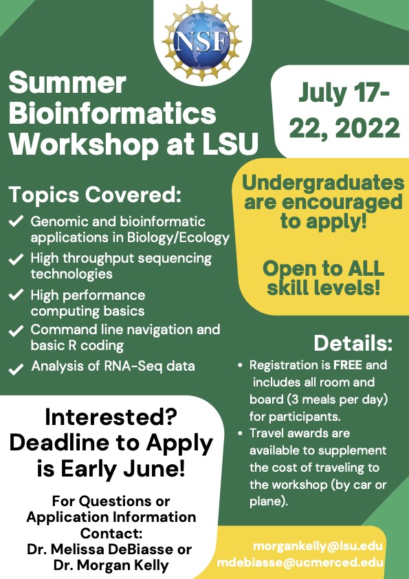 Morgan Kelly (@morganwkelly) on Twitter photo Are you an undergraduate or beginning graduate student interested in applying 'omics' to ecological questions? Come join me and <a href="/MelissaDeBiasse/">Melissa DeBiasse</a> at a free summer workshop at LSU, room and board included.
Please RT and help spread the word-- Are you an undergraduate or beginning graduate student interested in applying 'omics' to ecological questions? Come join me and <a href="/MelissaDeBiasse/">Melissa DeBiasse</a> at a free summer workshop at LSU, room and board included.
Please RT and help spread the word--