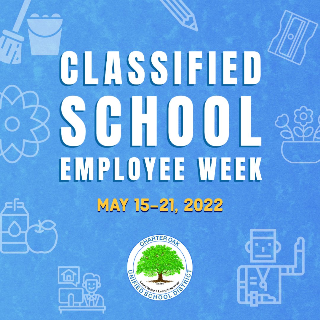 CharterOak_Dist's tweet photo. During the week of May 15-21, we recognize Classified School Employees for their terrific work. We are so grateful to our classified staff, who support and make our schools the very best they can be!

#CharterOakUSD #K12Schools #K12Education #EdChat #Education https://t.co/O5wfPMDZ2j