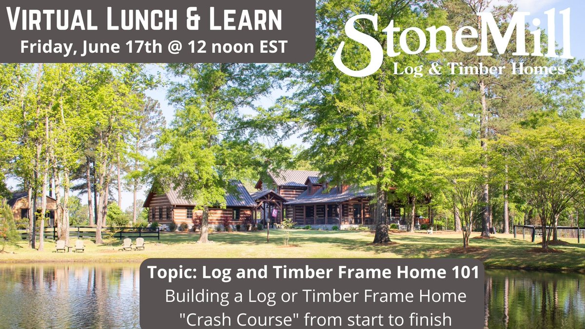 SMLTHomes's tweet photo. Join us for our upcoming Virtual Lunch &amp; Learn!! 
Friday, June 17th 12:00-1:30pm EST

Topic: Log or Timber Frame Home 101 - Building a Log or Timber Frame Home "Crash Course" from start to finish

https://t.co/IeTiLD0gvW https://t.co/1yK0rQqDaL