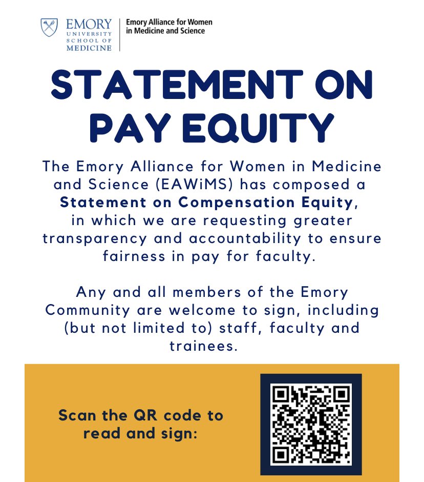 @EmorySOMWomen support #GenderEquity and #EqualPay and ask you to sign our Statement on Pay Equity! @NKaslow @MarthaWardMD @embcollins @embcollins @JessicaHammett5 @EmoryDeptofMed @EmoryGynOb @EmorySurgery @EmoryNursing @EmoryHospMed @EmoryInfectDis @EmoryDOMRyse @EmoryCTSurgery