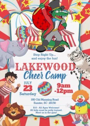 We are bringing the circus to the swamp this year for Mini-Cheer Camp!  Come join us in the center ring on July 23rd from 9am-12pm.  Register and pay online today to guarantee your spot - sumterschools.hometownticketing.com/embed/all?sing…
Tickets can also be purchased from any current cheerleader!