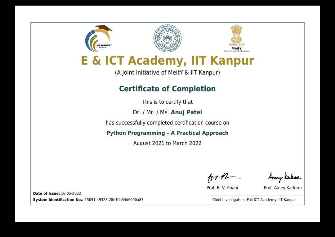 AnujPatel013's tweet photo. E&amp;ICT Academy, IIT Kanpur
Python Programming-A Practical Approach
#Python #programming https://t.co/uxyQORp0Fo