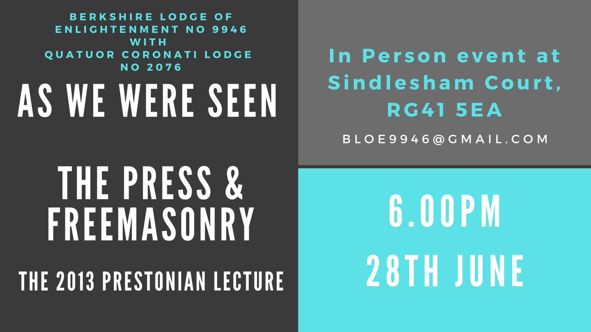 BLoE9946's tweet photo. At our next meeting we will be hosting V W Bro Dr Calderwood -the 2013 Prestonian Lecturer who will present As we were seen –
The Press &amp; Freemasonry @BerksPGL @BerksPGC @BerksPGM @ReadingOldBoys https://t.co/urPq14qfH8