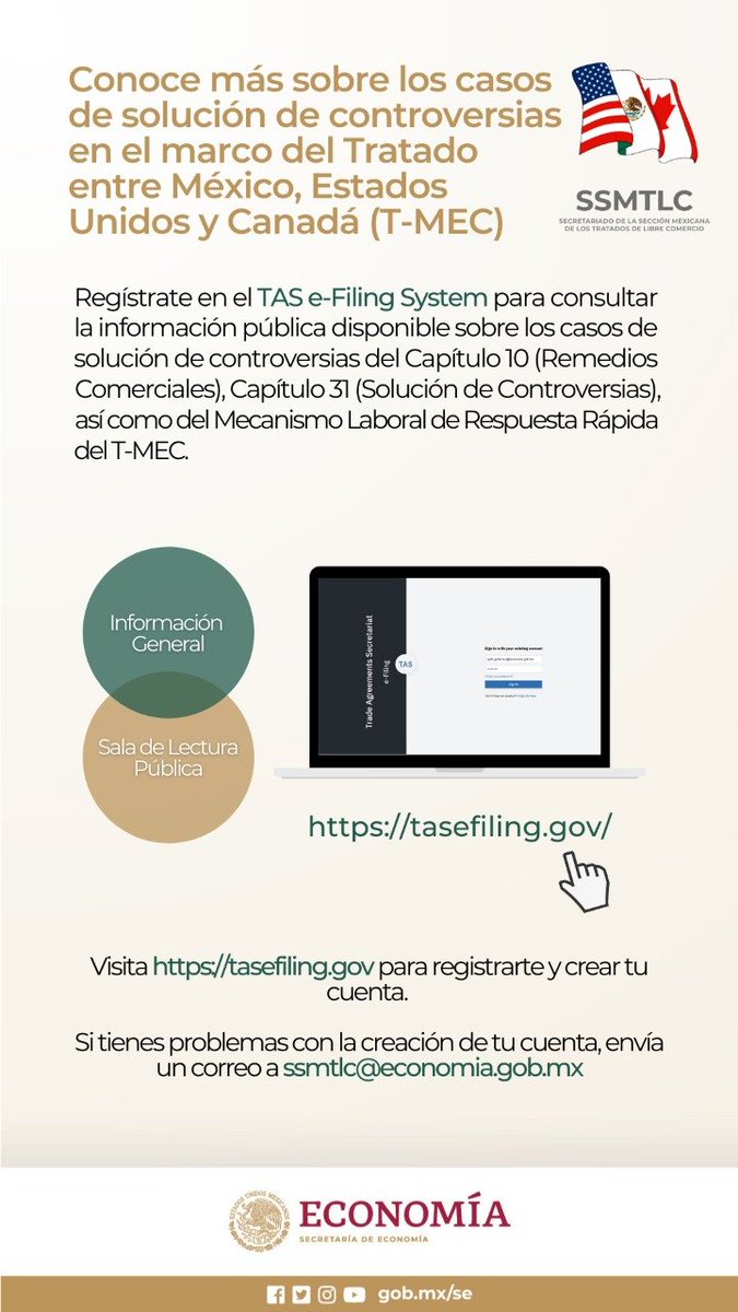 SE_mx's tweet photo. Una iniciativa del Secretariado #TMEC es el TAS e-Filing System: un sistema de presentación electrónica para administrar las controversias en el marco del T-MEC 🇲🇽🇺🇸🇨🇦. 

Entra a https://t.co/WaRLdYSGjh para crear tu cuenta y consultar la información pública disponible. https://t.co/SZgekWQy9C