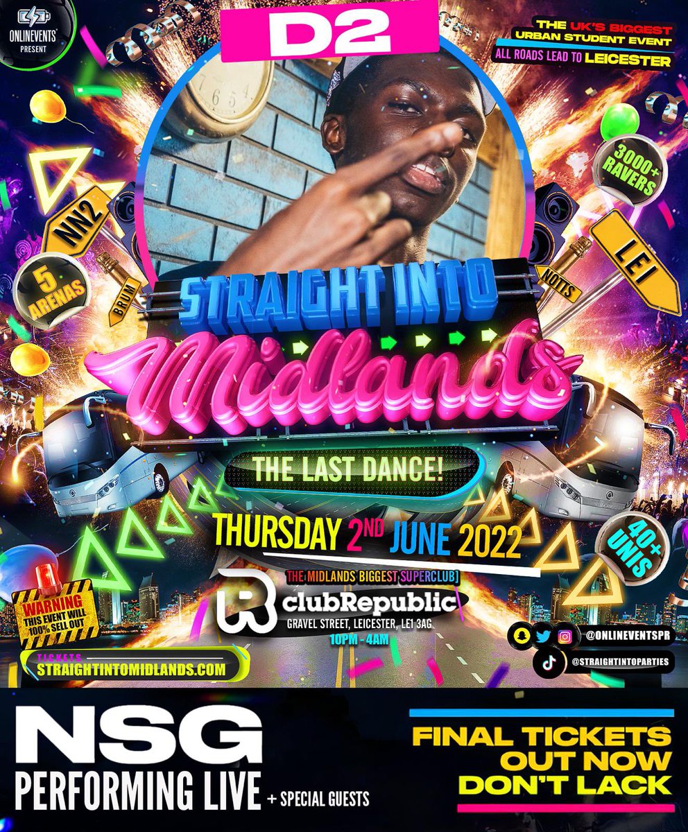 STRAIGHT INTO MIDLANDS 🕺

Featuring... 

<a href="/DJD2_/">D2</a> - #THEPROSPECT 
+ <a href="/NSG/">NSG - Area Boyz</a> PERFORMING LIVE

FINAL TICKETS OUT NOW ⚠️

Thursday 2nd Of June 2022
LEICESTER - CLUB REPUBLIC📍
2000+ Tickets SOLD OUT ❌
DON'T MISS OUT #SIM2022

straightintomidlands.com