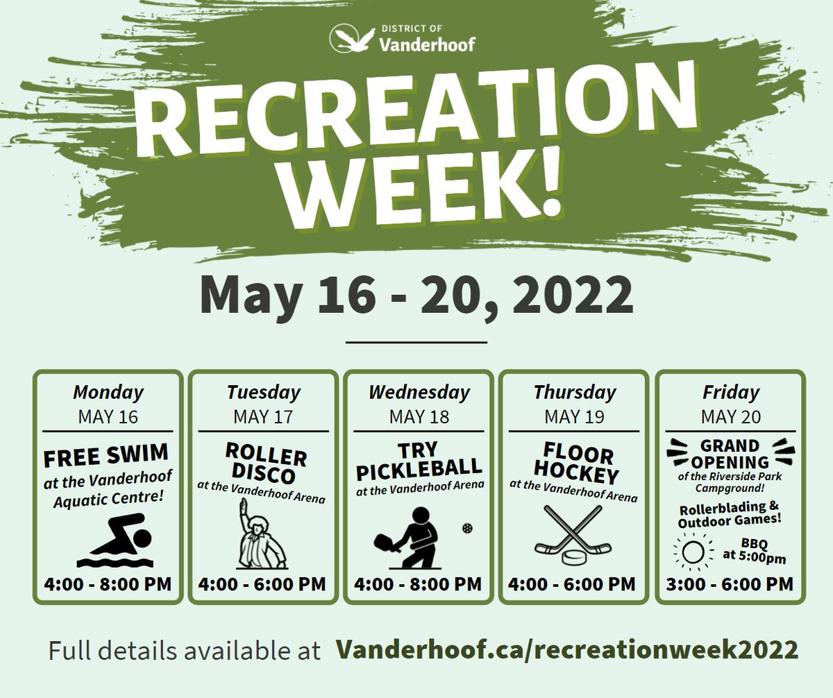 Recreation Week 2022 has begun! We have posted all the free events happening this week on our website! Check it out and join us in a week of recreation fun!

vanderhoof.ca/recreationweek…

#districtofvanderhoof #freeevents #recreation