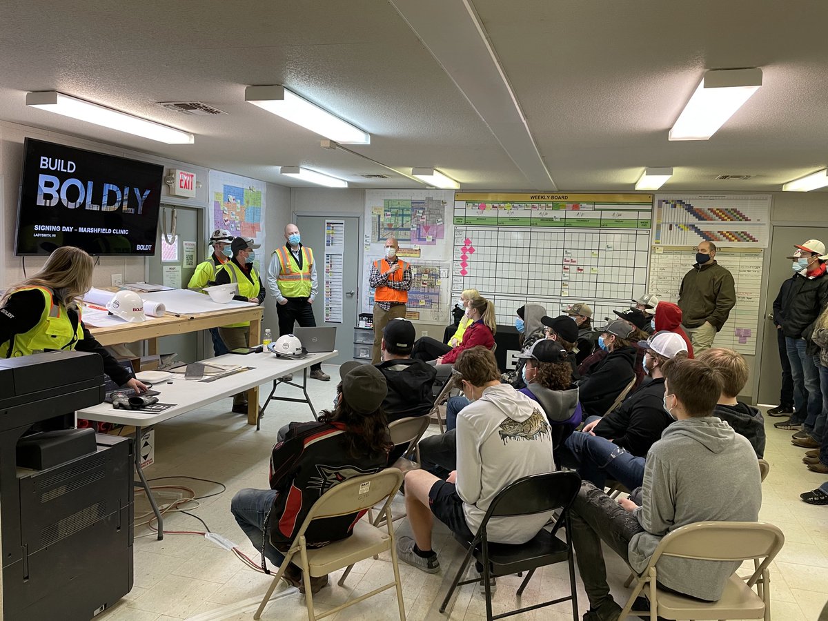 TheBoldtCo's tweet photo. Boldt recently hosted two student events at the Marshfield Medical Center in Ladysmith. We are looking forward to the next generation in #construction!
#signingday #buildboldly #youthapprenticeship #apprenticeship #constructionjobs #constructioncareers #CESA10 https://t.co/PZfO6OD1K5