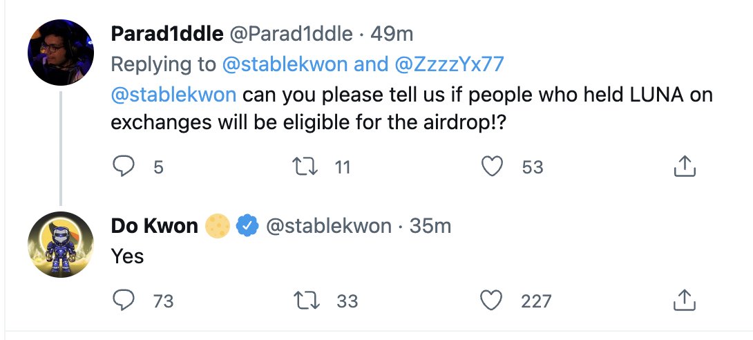 Blockworks's tweet photo. Do Kwon: Those who held LUNA on exchanges will be eligible for the airdrop https://t.co/yjZO8sx1Tj