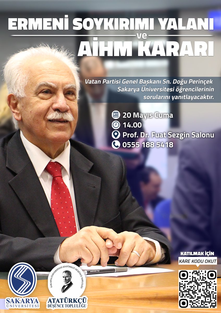Sakarya Üniversitesi öğrencileriyle, "Ermeni soykırımı" yalanı ve AİHM kararını konuşacağız.

🗓️20 Mayıs 2022 Cuma
🕑14.00
📍Prof. Dr. Fuat Sezgin Salonu (@SakaryaUni)