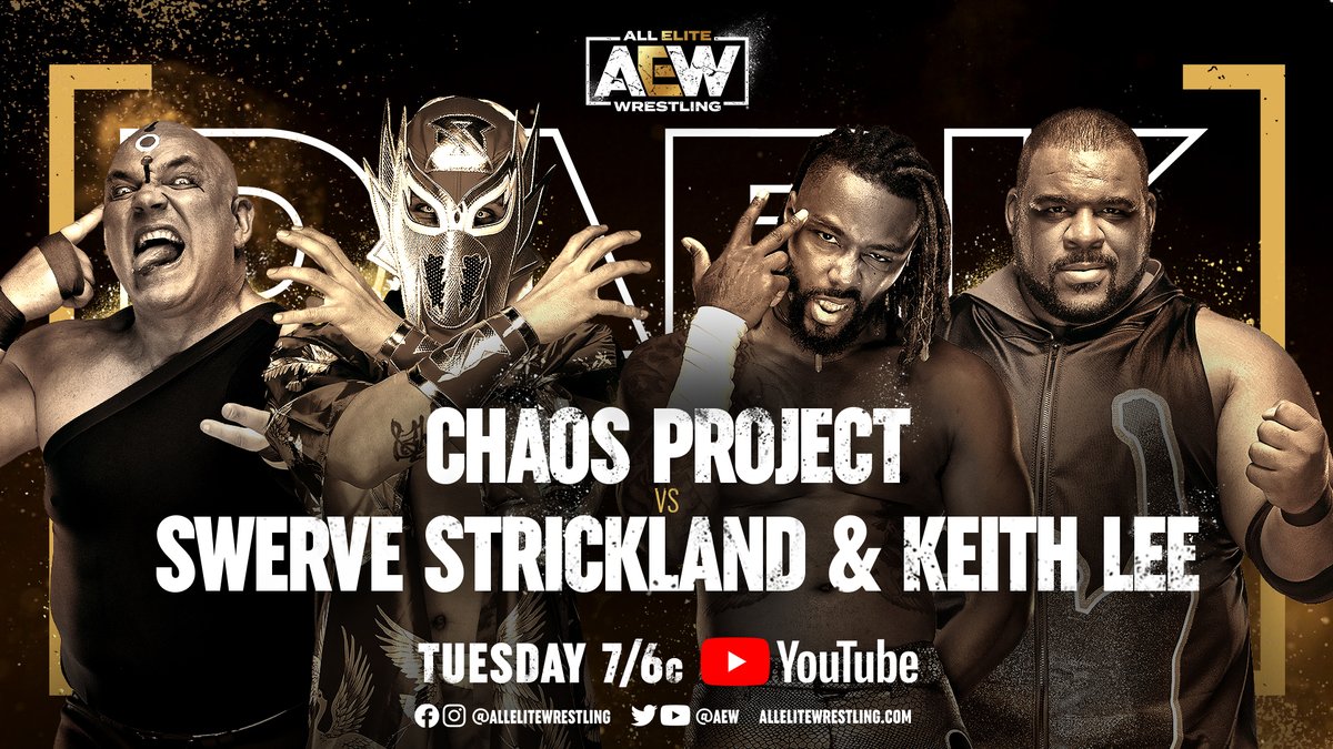 AEW's tweet photo. #AEWDark premieres TOMORROW 7/6c https://t.co/lBSV4rTE11
-#TheFactory (@QTMarshall/@AaronSoloAEW/@Mr_Freakbeast/#BrickAldridge/#BlakeLi) v #NJPW #LADojo (@AlexCoughlin93/@Im_YuyaUemura/@ClarkConnors/@karlfredericks_/@Jet2Flyy)
-@Trentylocks v @ryrynemnem
-@SkyeByee v @AmberNova73 https://t.co/osmHGDeDQU