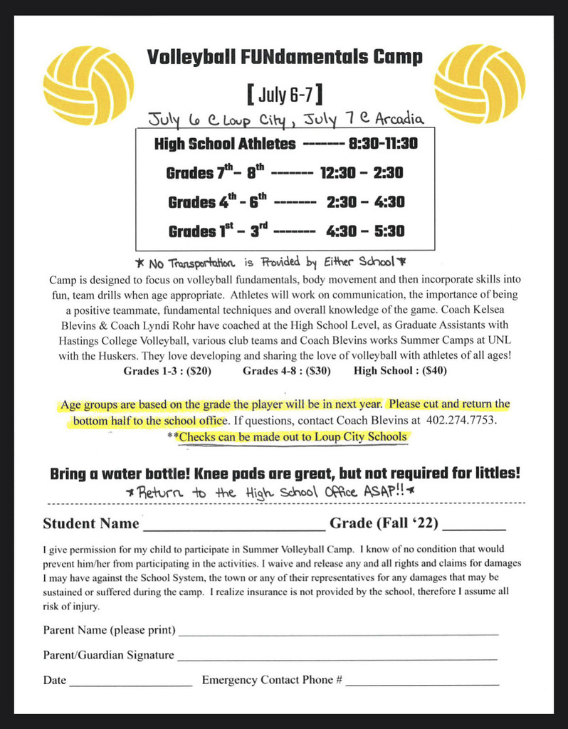 LoupCityPS's tweet photo. Attention all Elementary and High school volleyball players and parents! Please consider attending the Volleyball FUNdamentals Camp on July 6th &amp; 7th! We hope to see all of you there! https://t.co/Lit96QoVeT