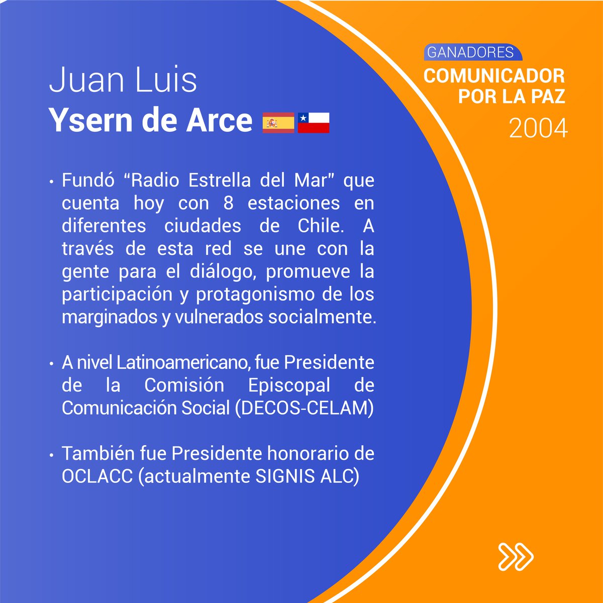 SIGNIS_ALC's tweet photo. En tu país puede estar el próximo #ComunicadorxlaPaz del VI Congreso Latinoamericano de Comunicación @ComlacSignis.

Te presentamos parte de la obra y vida de quienes fueron galardonados con esta distinción en el I #COMLAC.

Tienes hasta el 31 de mayo para enviar tu postulación. https://t.co/xeAjRG30p8